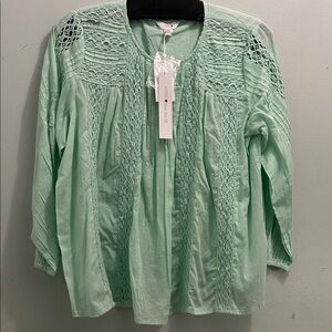intro. Mint Green Crochet-Panel Peasant Blouse
